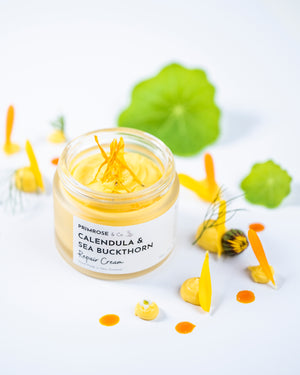 This bright, silky cream is a rich skin healer and helps aid with repairing dry damaged skin. This blend of Calendula and Sea Buckthorn is naturally deep yellow in colour and contains high levels of nutrients which are essential for skin revitalisation. 